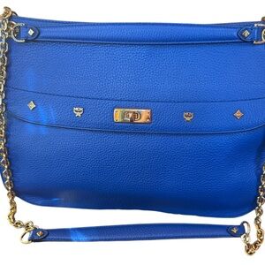 MCM Royal Blue Leather Shoulder Bag with Gold Accents